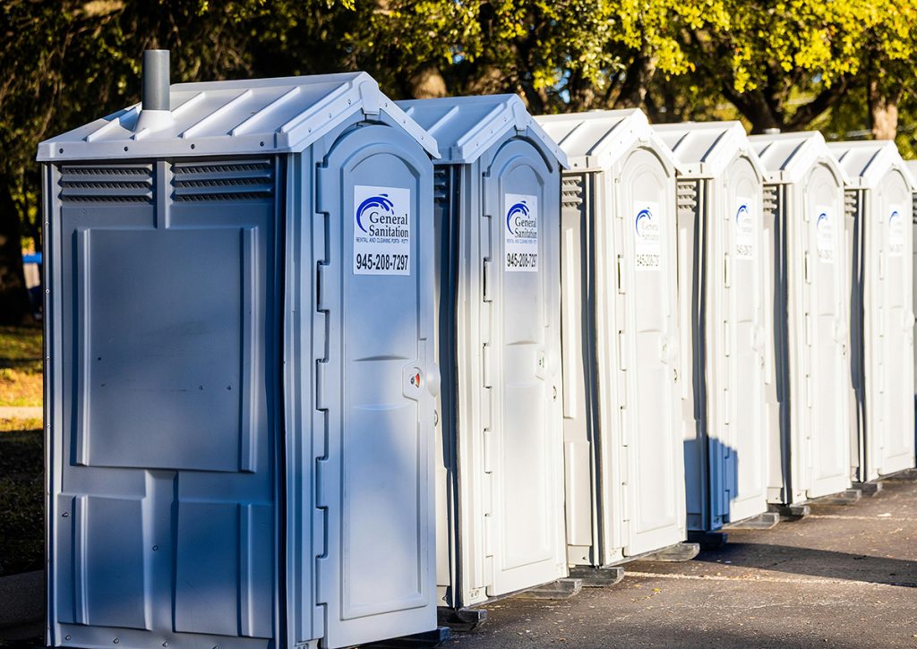 A row of portable toilets